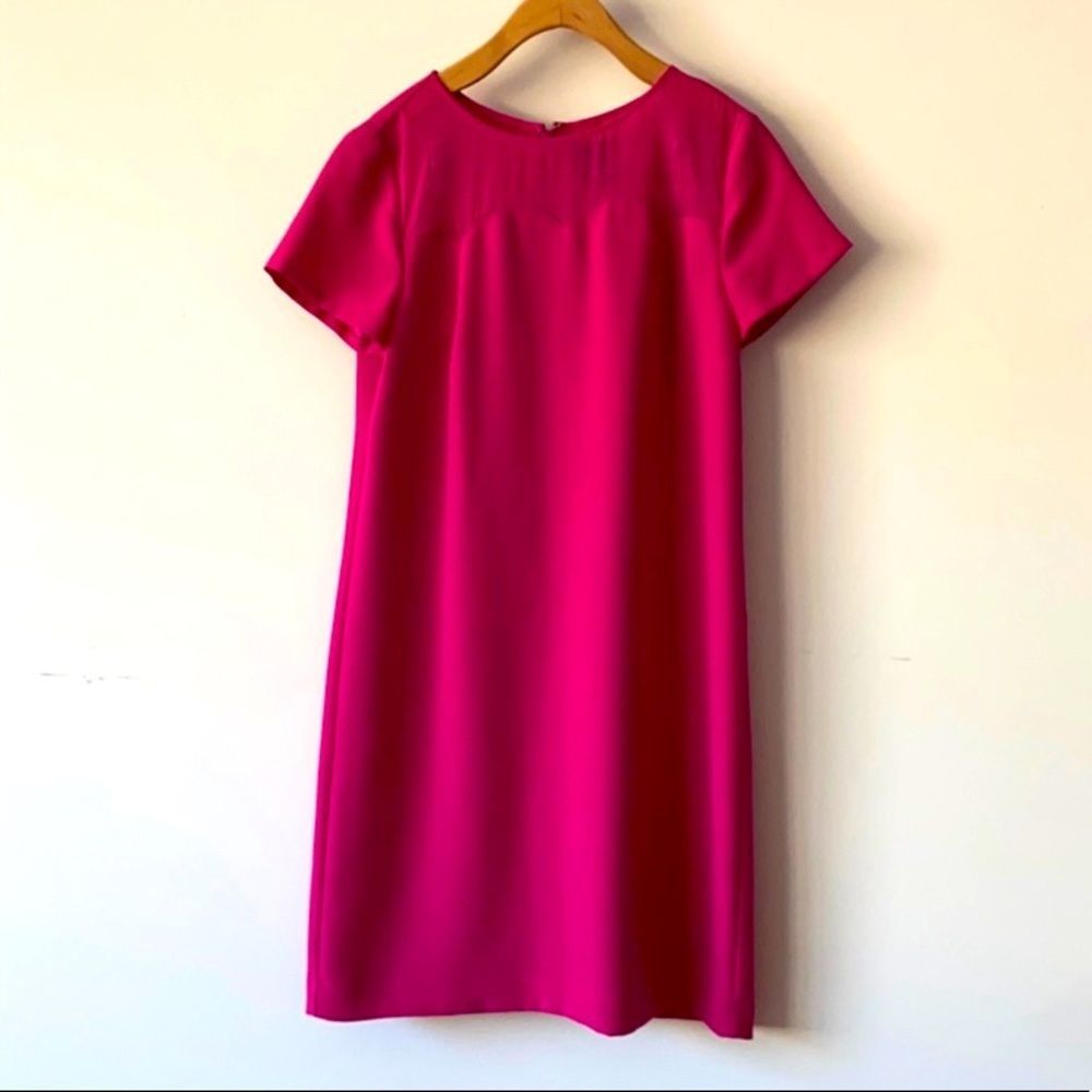 Hot Pink Ann Taylor Shift Dress with sheer Scallop Neck. Size 4
